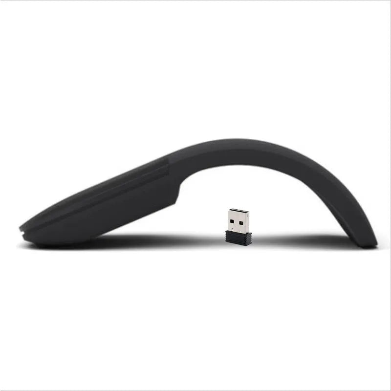 Folded black Bluetooth wireless mouse showing compact 131.2mm length and touch control surface