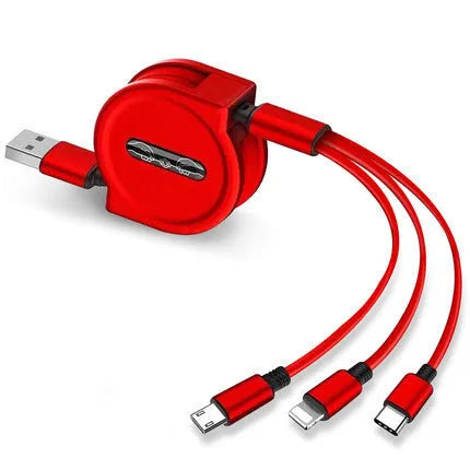 3 in 1 telescopic charging cable extended to 120 cm length with multiple connector options