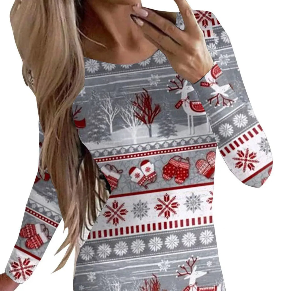 Women's tight-fitting Christmas dress with floral animal print, round neck, long sleeves, and a short hip skirt.