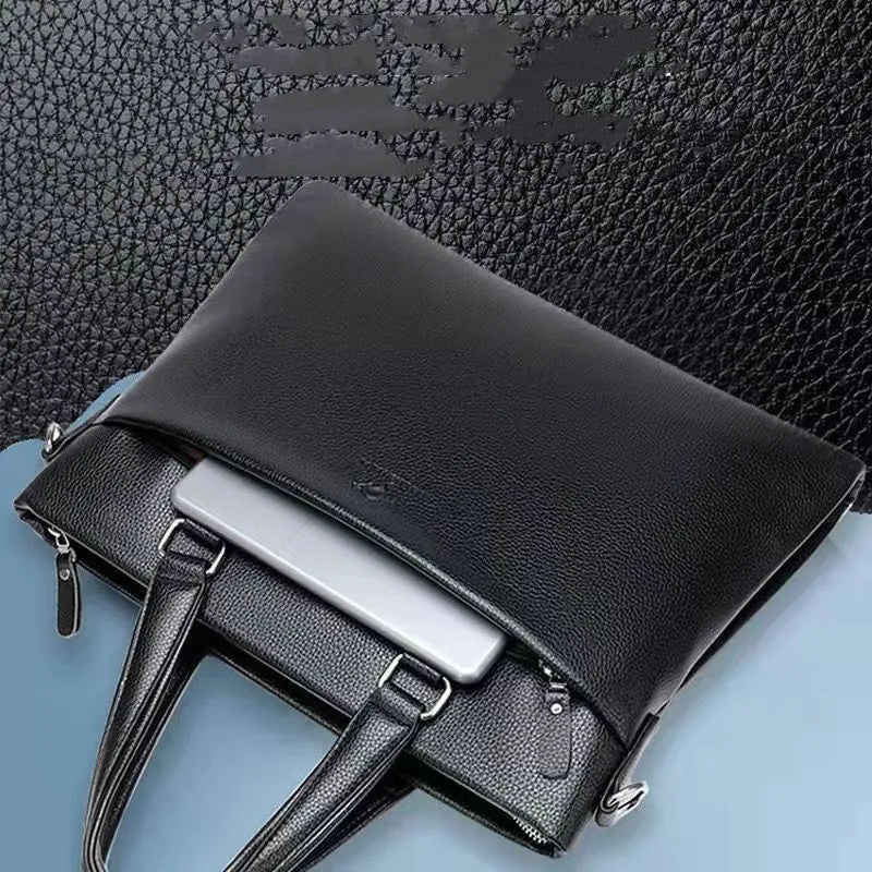 Men's black PU leather messenger bag with crossbody strap showing splicing design detail