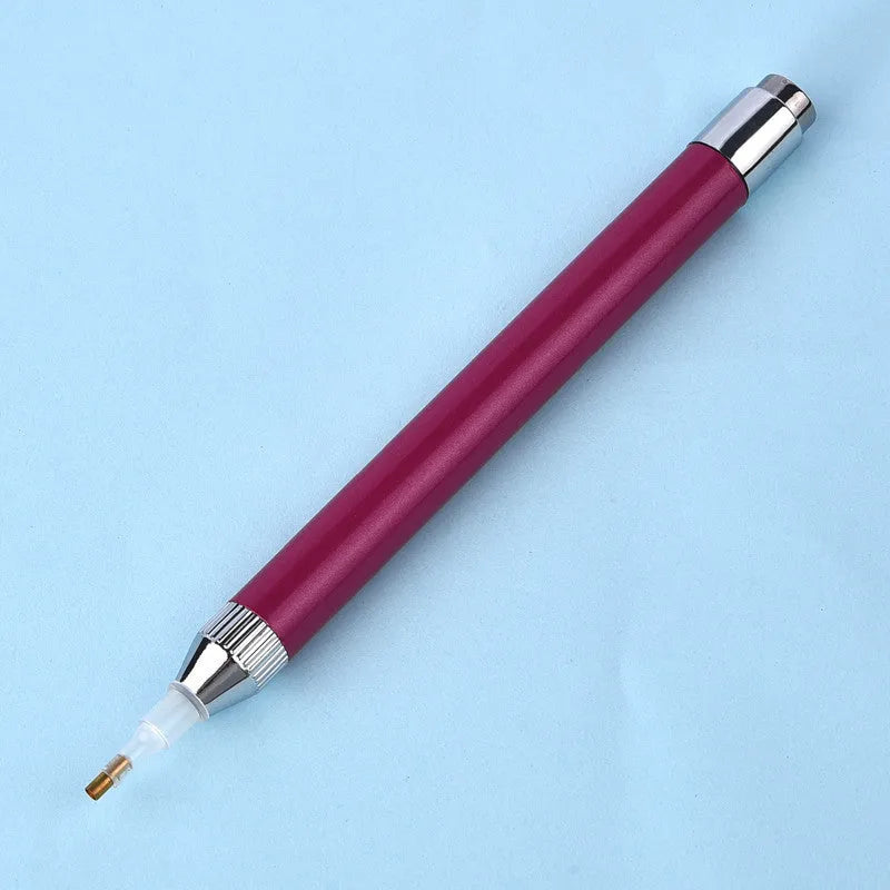 Luminous diamond painting drill pen with aluminium alloy construction and metal frame in blue, gold, or red colours