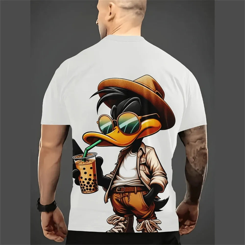 Men's loose-fit light blue T-shirt with a large cartoon character 3D print on the front.