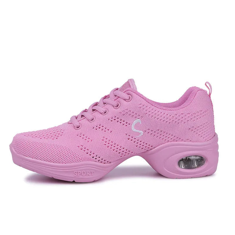 Women's Flyknit woven mesh dancing shoes with soft PU sole in multiple colour variations for summer dance and sports