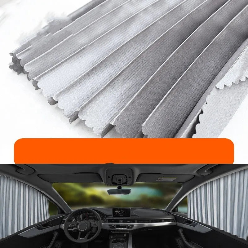 Retractable car sun curtain in thick opaque cloth with roller shutter mechanism