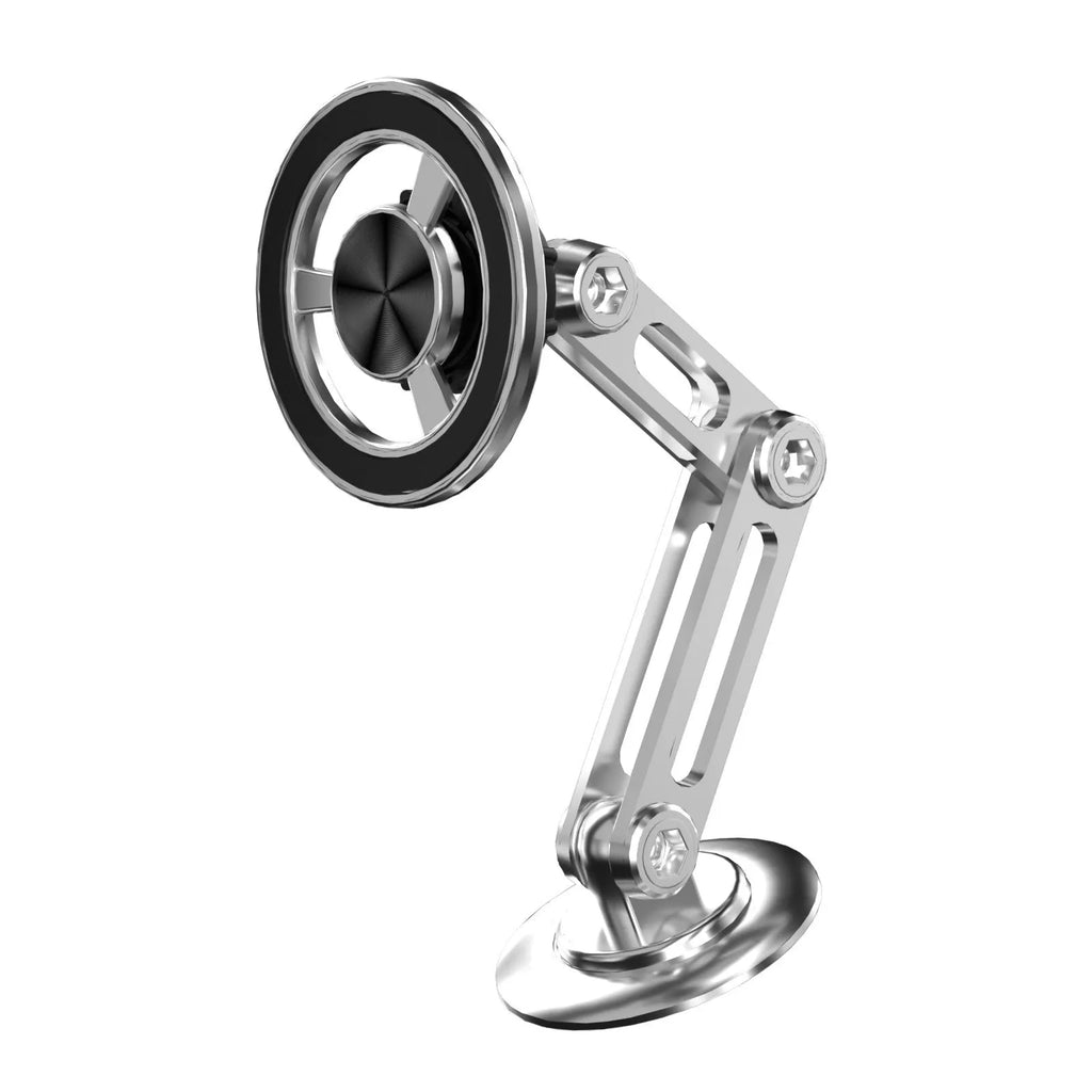 All-metal magnetic car phone holder in black, silver, gold, and rose gold colours with spare rings and adhesives