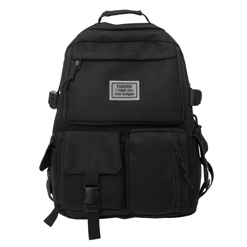Black and white nylon student backpack with laptop compartment and three-dimensional pockets