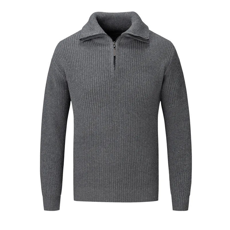 Men's solid colour slim fit pullover sweater on a hanger.