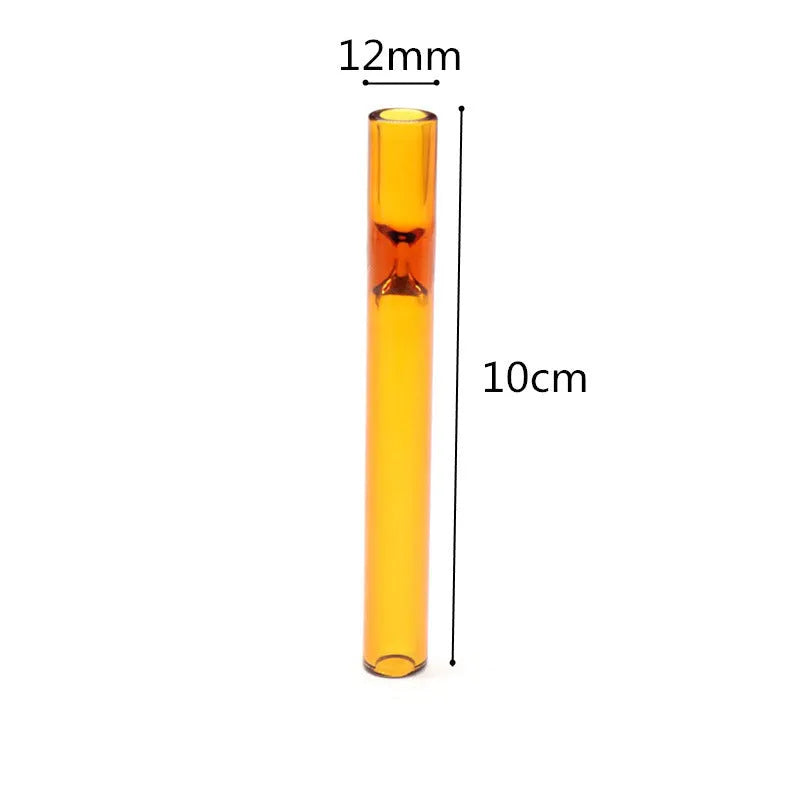 Straight transparent glass telescopic smoke pipe nozzle on a plain background.