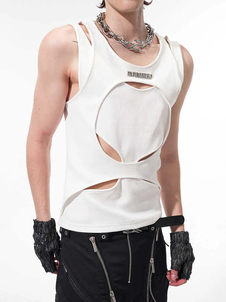 Men's black sleeveless loose-fit pullover waistcoat with a round neck, shown on a hanger.