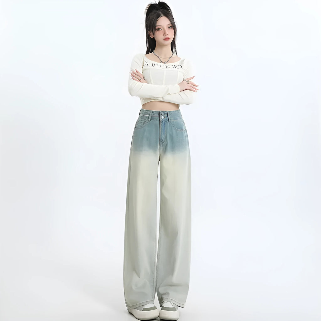 Gradient blue women's denim trousers with straight-leg cut and wider leg opening