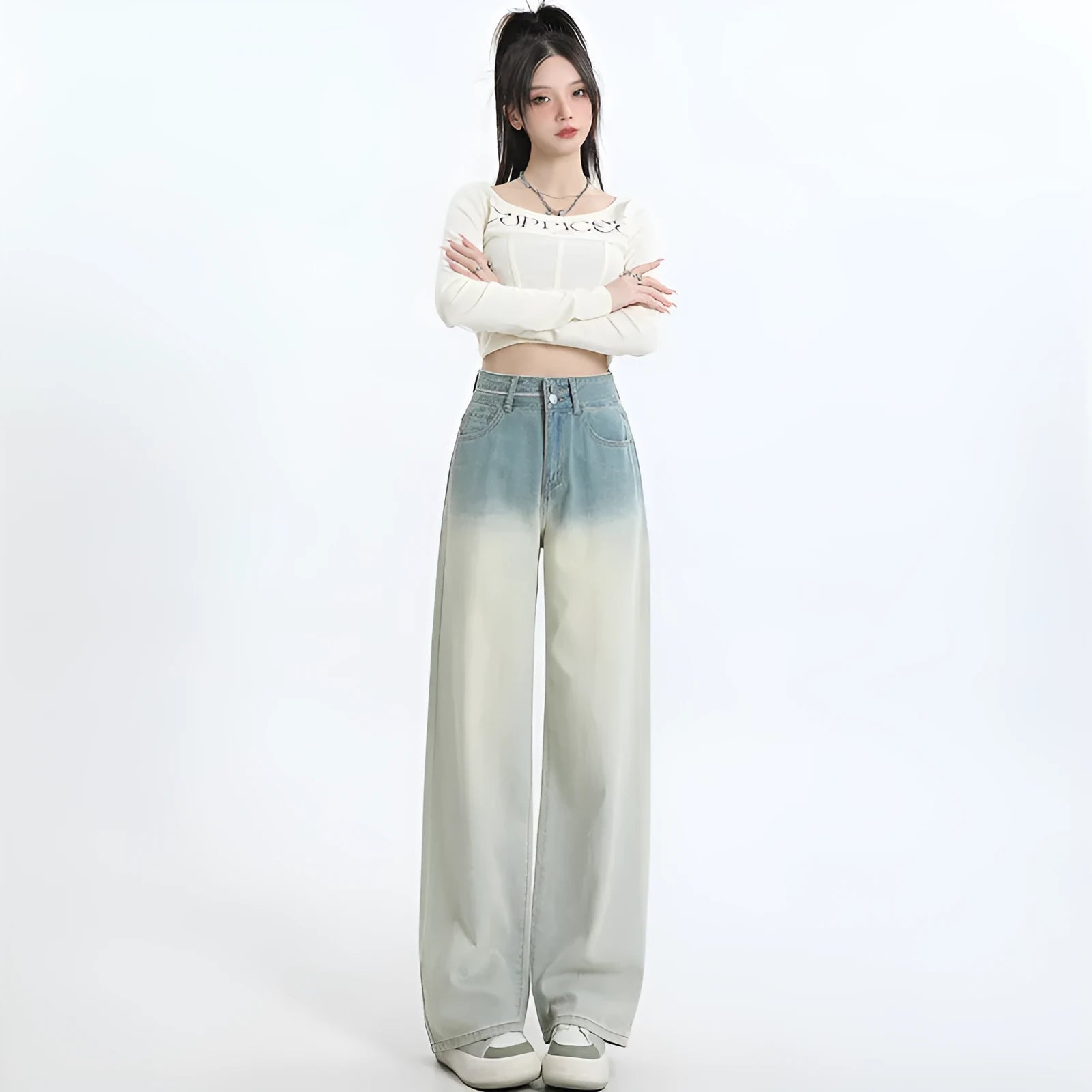 Gradient blue women's denim trousers with straight-leg cut and wider leg opening
