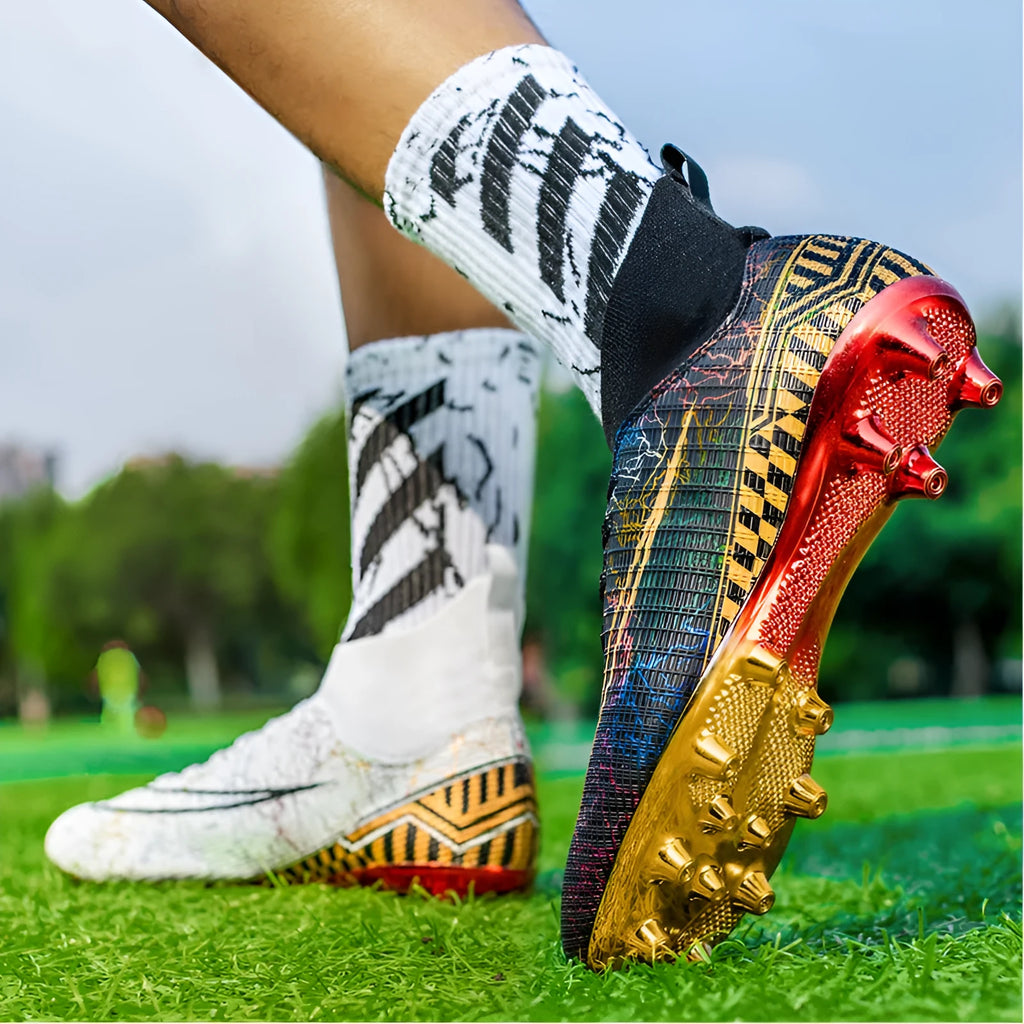 Men's white high-top soccer training shoe with gold-plated sole and lace-up front closure