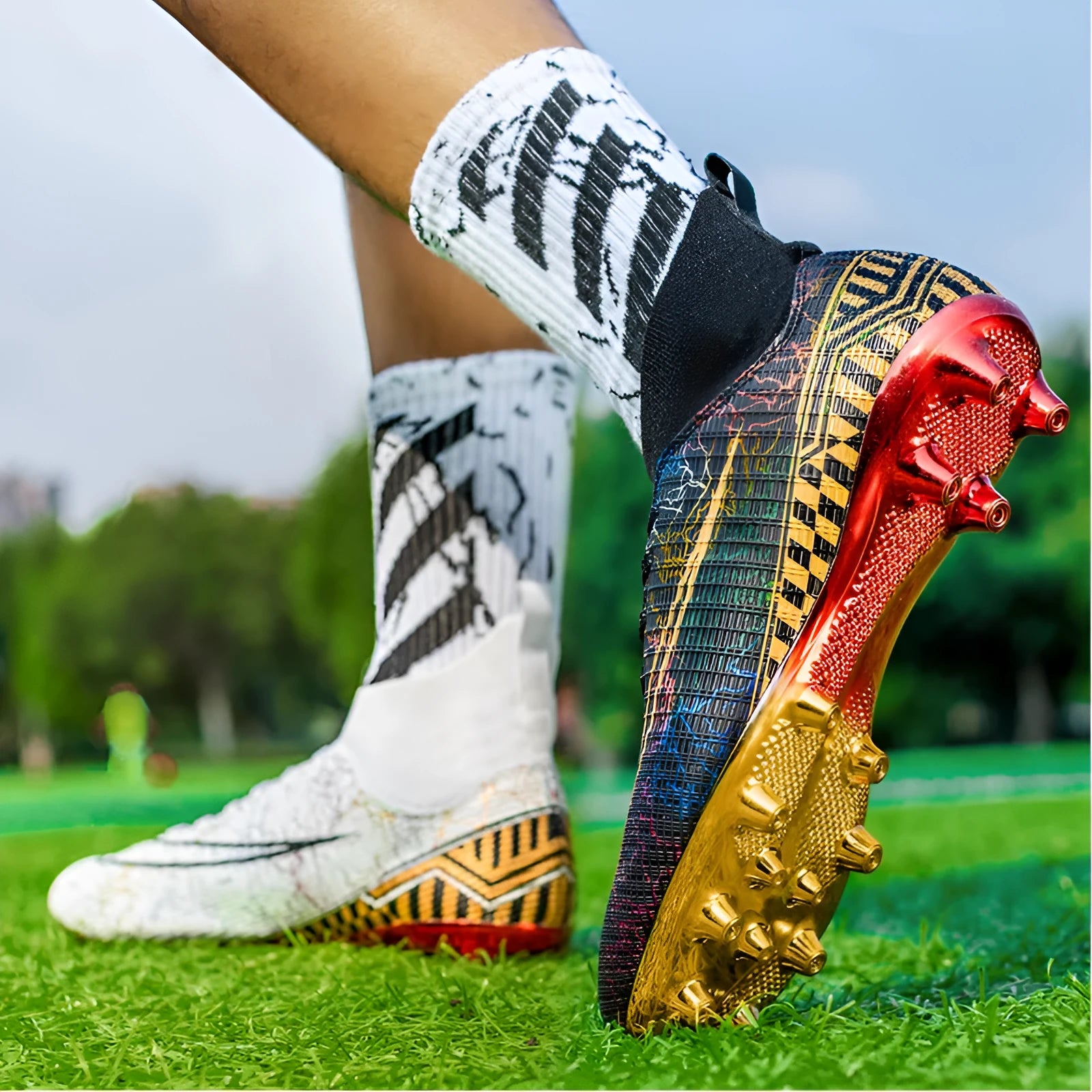 Men's white high-top soccer training shoe with gold-plated sole and lace-up front closure