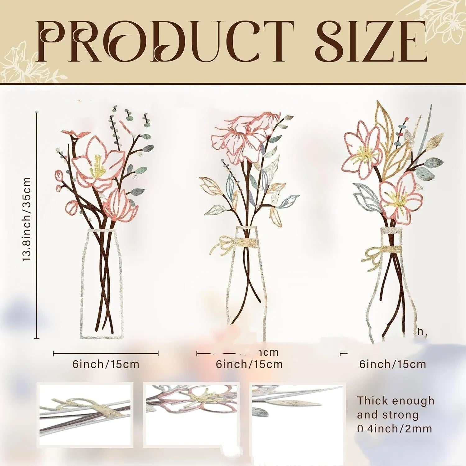 Set of three metal flowers wall art pieces in rustic country farmhouse style