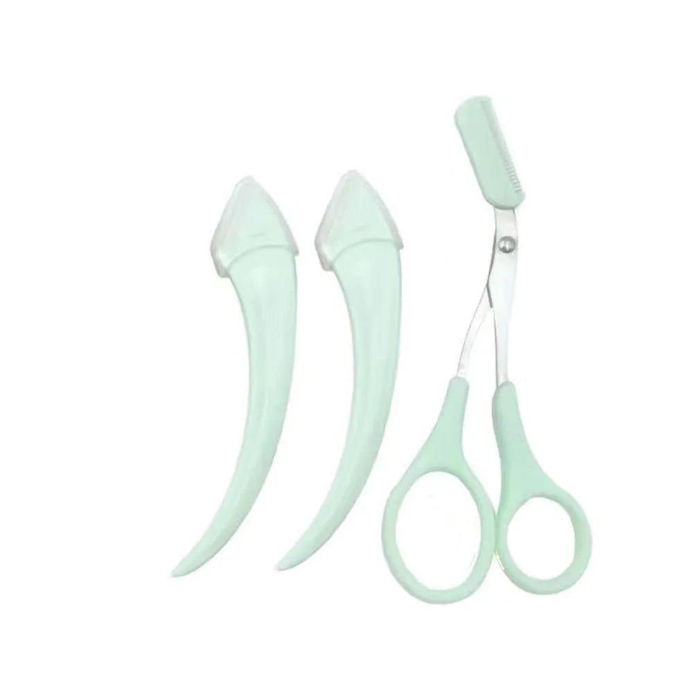 White and pink eyebrow trimming knife with curved moon comb and stainless steel blades