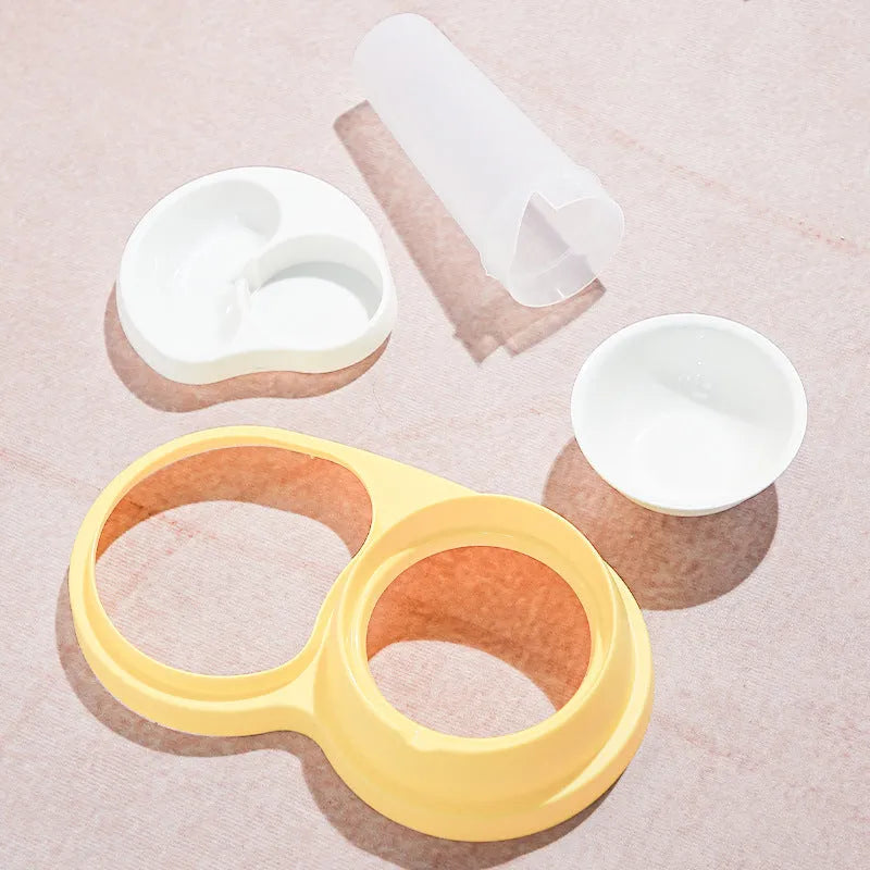 Grey and yellow dual pet food bowl with raised design for neck protection