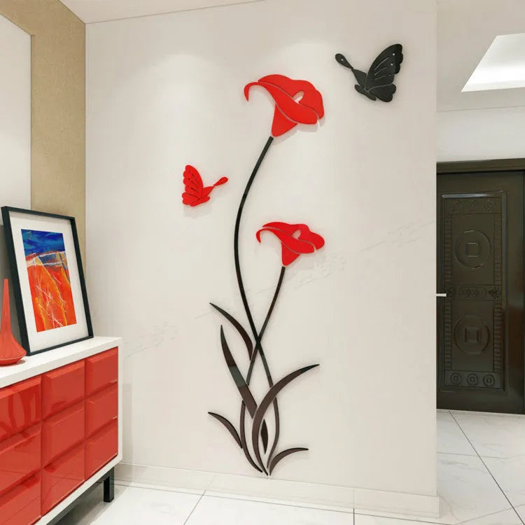 Lily flower 3D acrylic wall sticker in pink colour with dimensional stereo design
