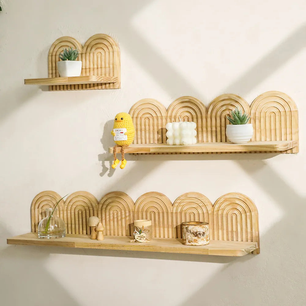 Wooden wall-mounted flower pot rack with multiple tier options for indoor plant display