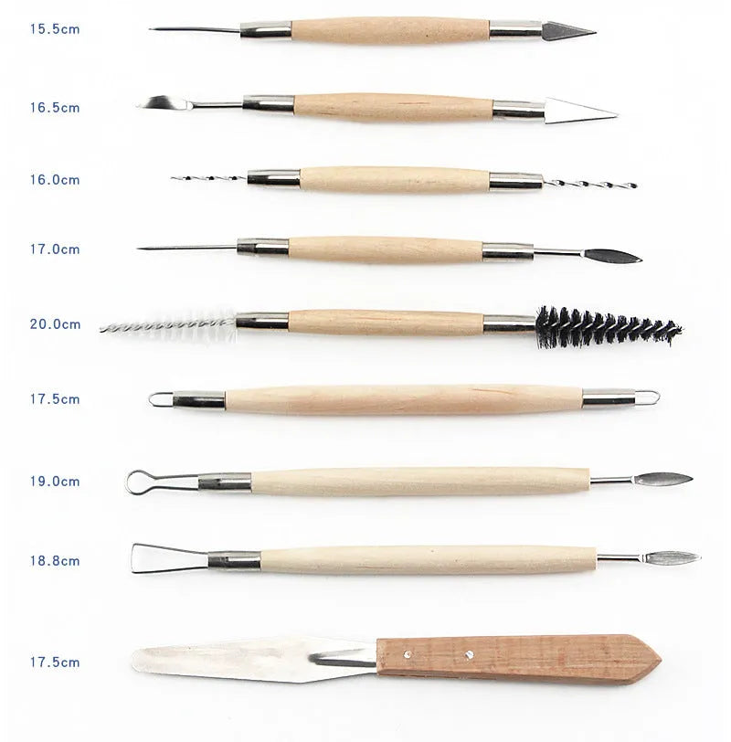 27-piece brown pottery clay tool set with wood, steel, and plastic tools in an OPP storage bag