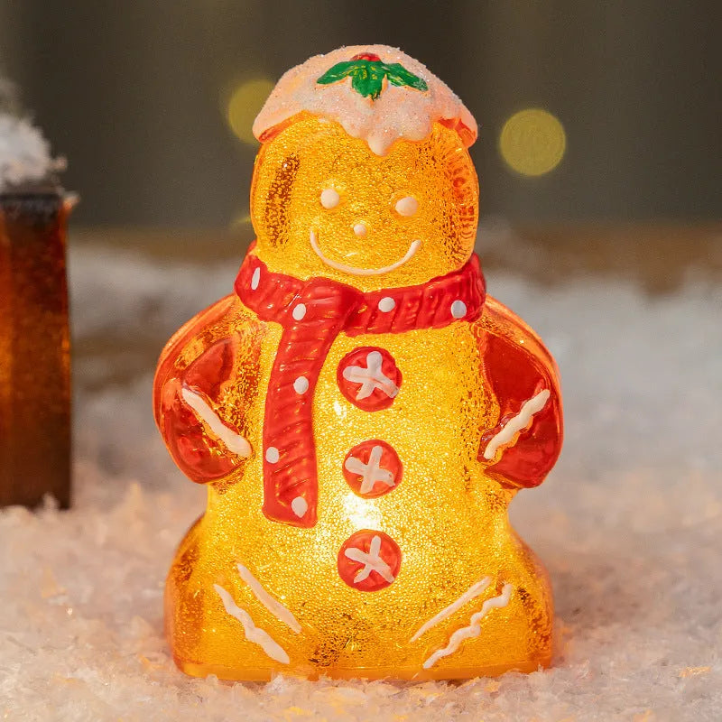 Glowing plastic gingerbread man and snowman Christmas ornament with modern design in red scarf variation