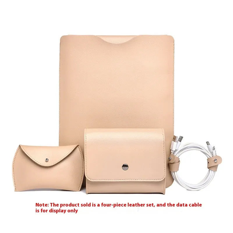 Four-piece set of imitation leather lock edge protective covers for MacBook Pro laptops in apricot, brown, grey, and pink.