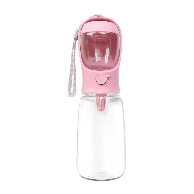 Portable dual-use dog drinking cup showing water dispenser and separate grain bowl compartment