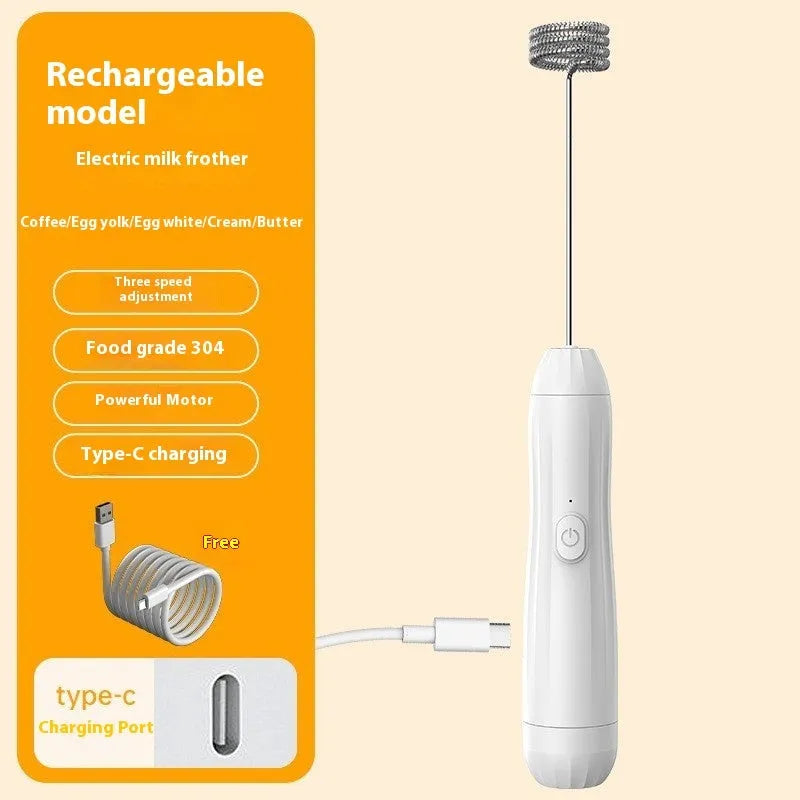 Mini handheld electric milk frother in black, white, or khaki colour with stainless steel whisk and USB port.