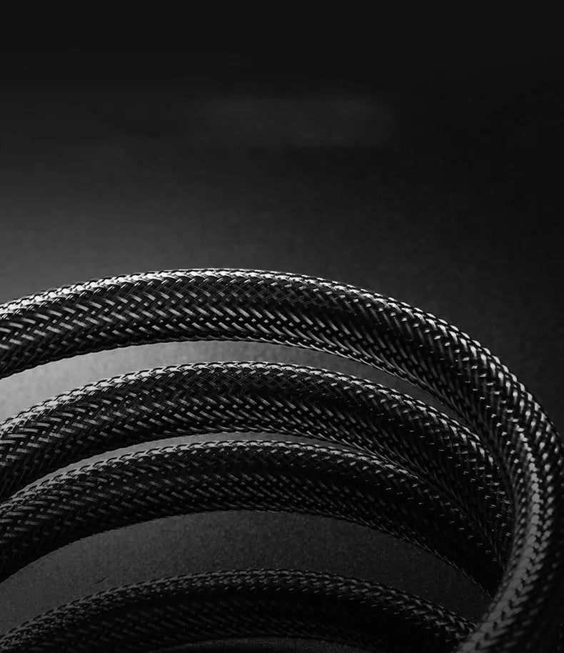Black 5 metre long HDMI cable with gold-plated connectors on a white background.