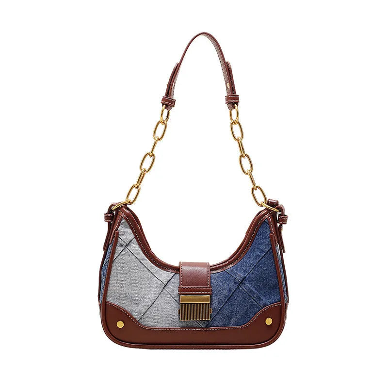 Brown soft denim women's bucket shoulder bag with diamond mesh panels and chain strap