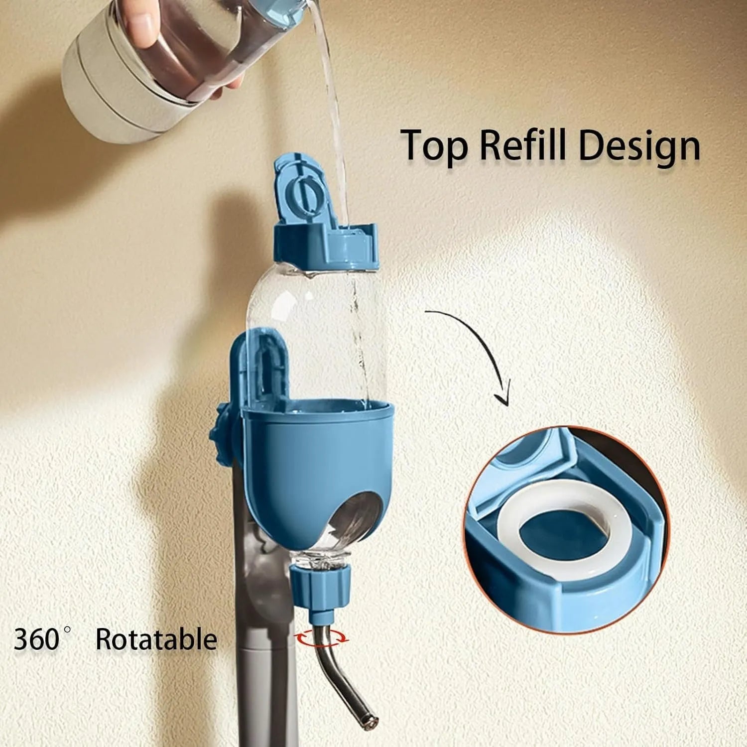 Blue small animal cage water bottle with rotatable nozzle mounted on metal bars