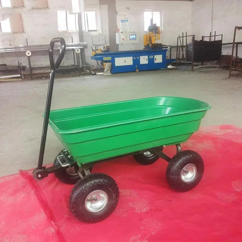 Green TC2145 four-wheel plastic dumptruck with a steel and PP body for garden hauling.