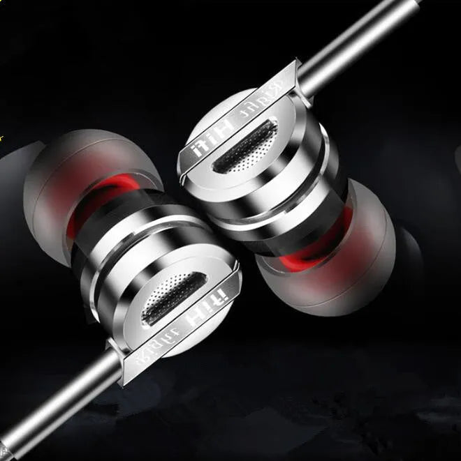 Black metal HIFI in-ear earphones with smart wire control and microphone.
