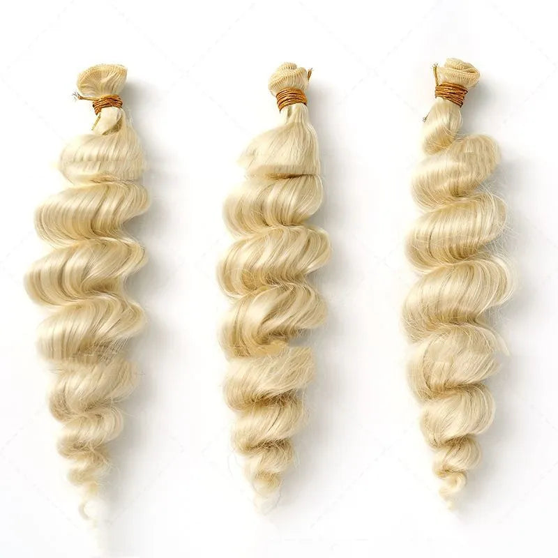 Golden synthetic high temperature fibre hair weft wig for ladies, shown in 18, 20, and 22 inch lengths.