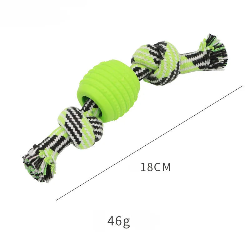 Blue dog chew toy with rope handles and textured molar surfaces for teeth cleaning
