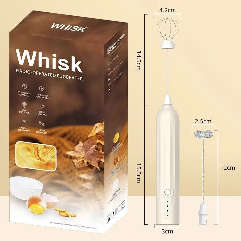 Mini handheld electric milk frother in black, white, or khaki colour with stainless steel whisk and USB port.