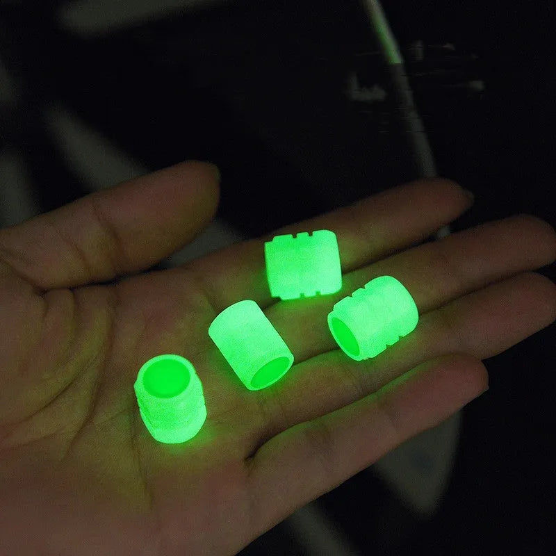 Rubber car tyre valve caps with glow-in-the-dark luminous nozzles, 16x12mm size.