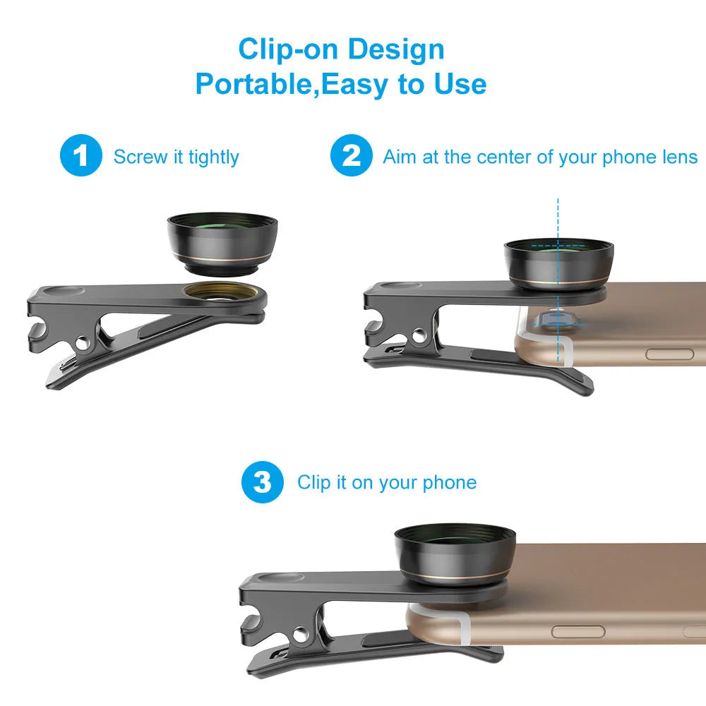 Black aluminium 6-in-1 mobile phone lens kit with universal clip attachment