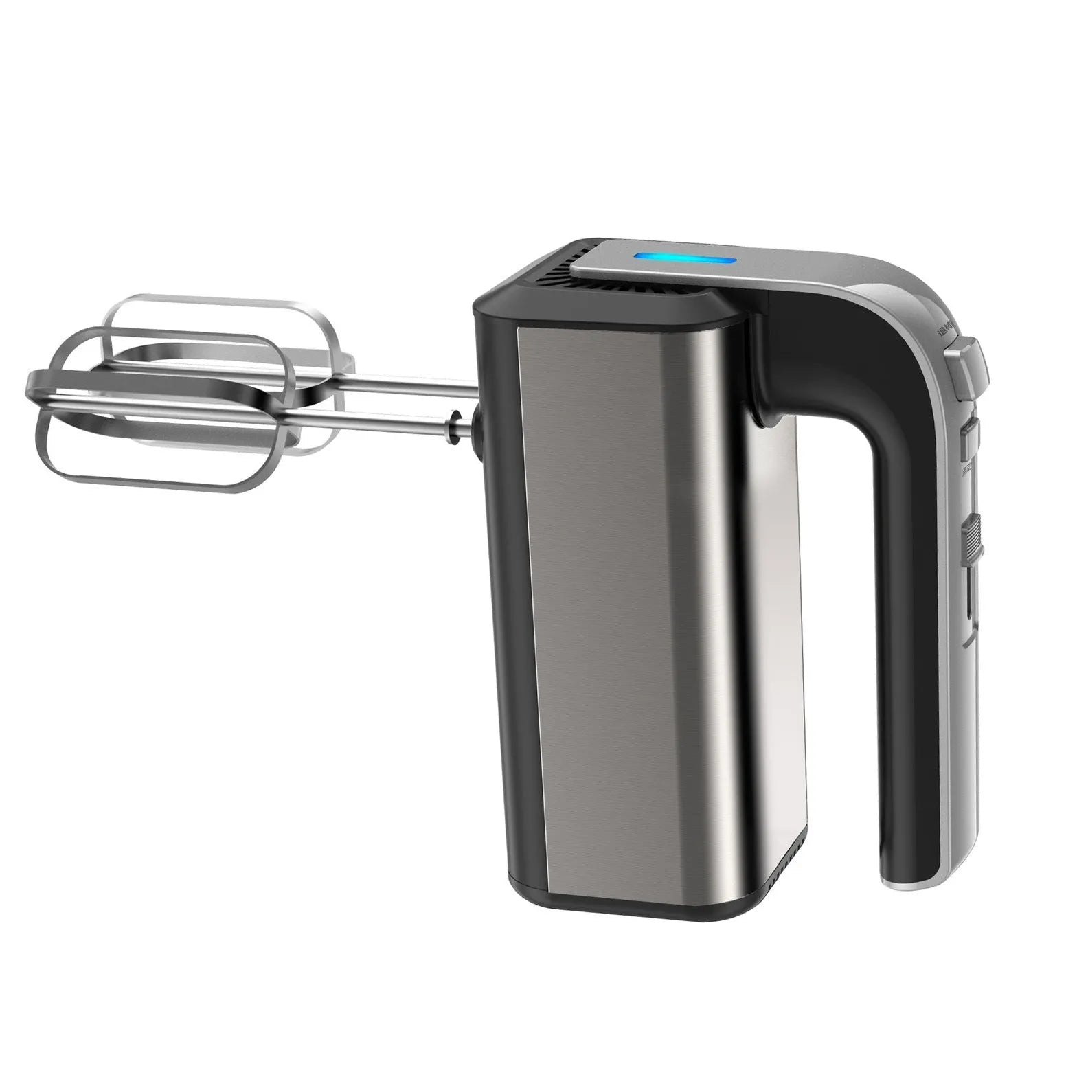 Silver handheld electric kitchen whisk with mixing attachments on counter