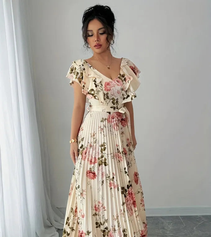 Apricot floral print dress with V-neck, ruffled short sleeves and oversized swing skirt