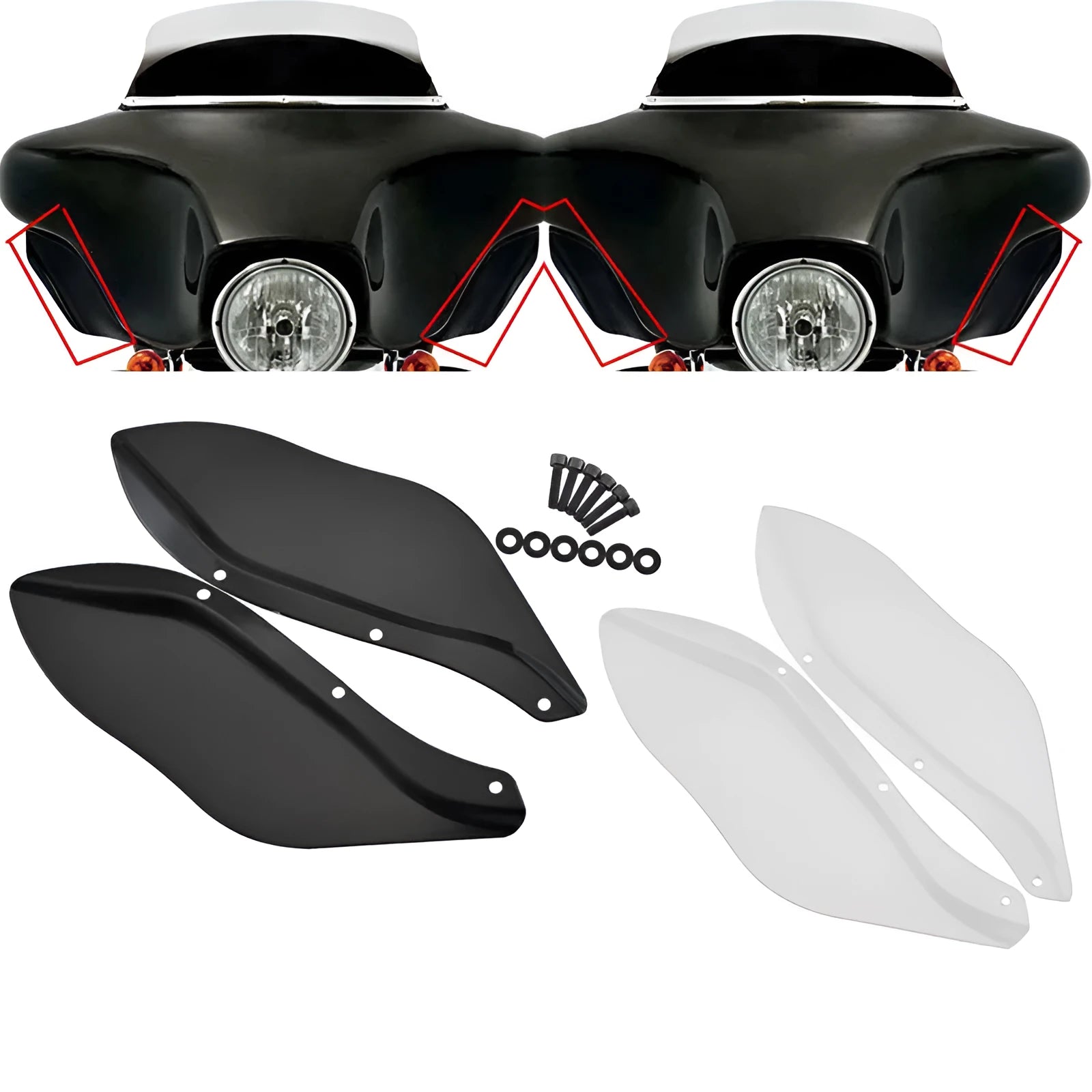 Harley-Davidson motorcycle side wing head covers in black and transparent options for FLHR FLHT FLHX models