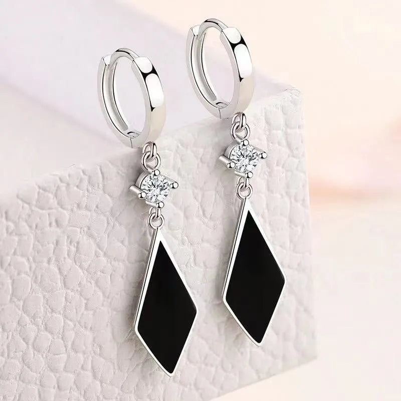 Vintage geometric diamond clip earrings with electroplated silver finish