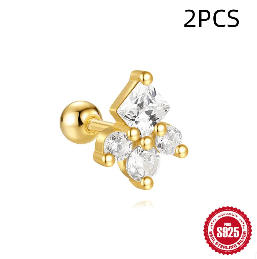 S925 sterling silver square gravel stud earring with red centre and gold plating