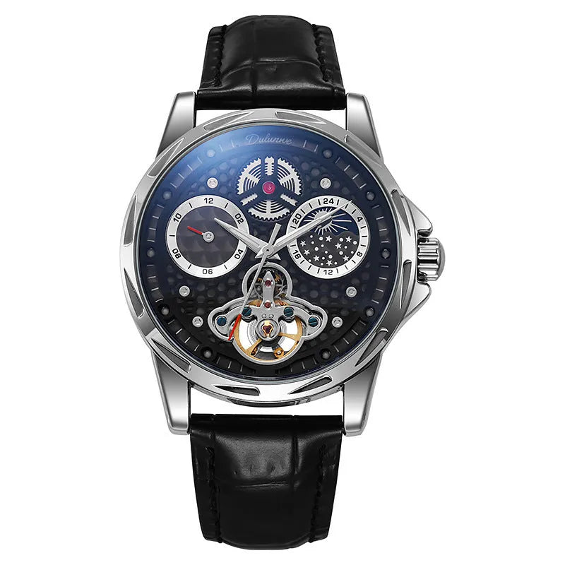 Men's automatic watch with luminous hands on a steel bracelet, black dial, and waterproof case.