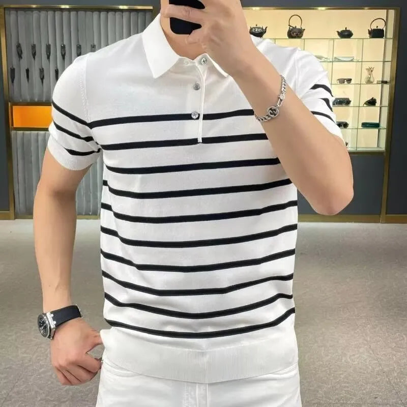 Black and white striped pullover T-shirt with lapel design in Asian sizes M to 3XL