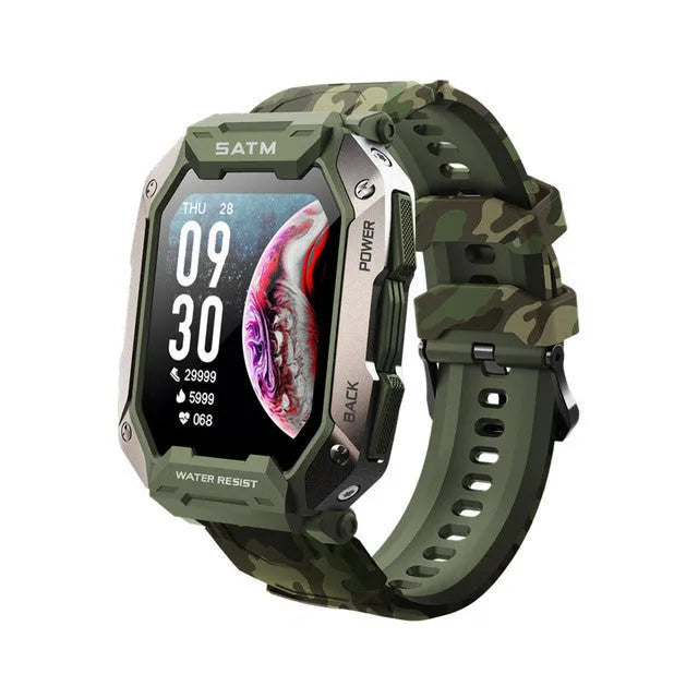 Smartwatch with silicone wristband showing touch screen display and health monitoring functions
