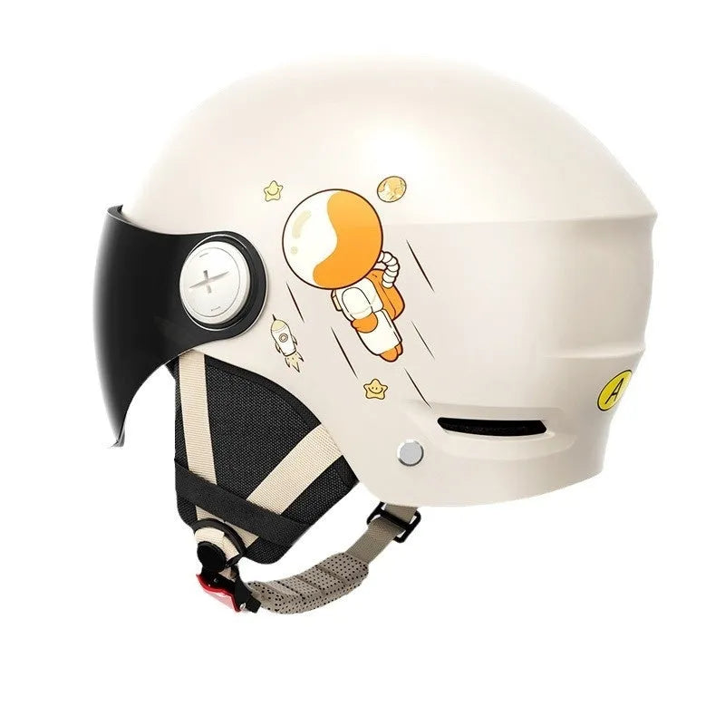 Khaki coloured motorcycle half helmet with removable visor on display