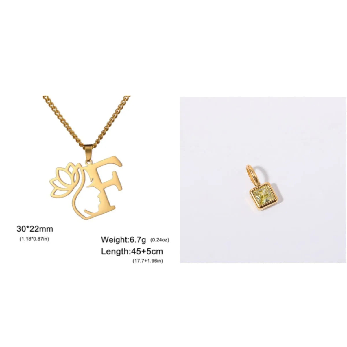 Stainless steel necklace with cross chain and a single letter pendant in gold or silver finish.