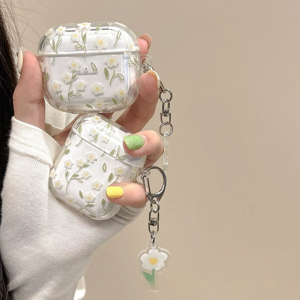 White floral pattern TPU protective case for Apple AirPods on transparent background