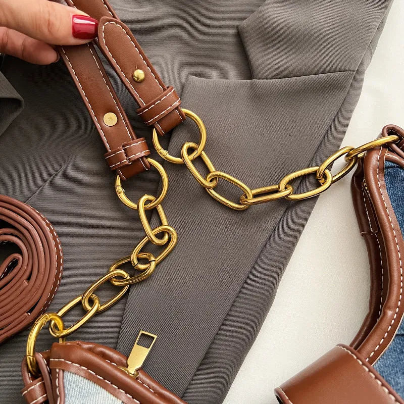 Brown soft denim women's bucket shoulder bag with diamond mesh panels and chain strap