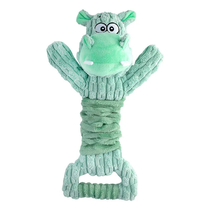 Large plush squeaky dog toy with handle, shown in Hippo and Monkey designs, for indoor tug-of-war play.